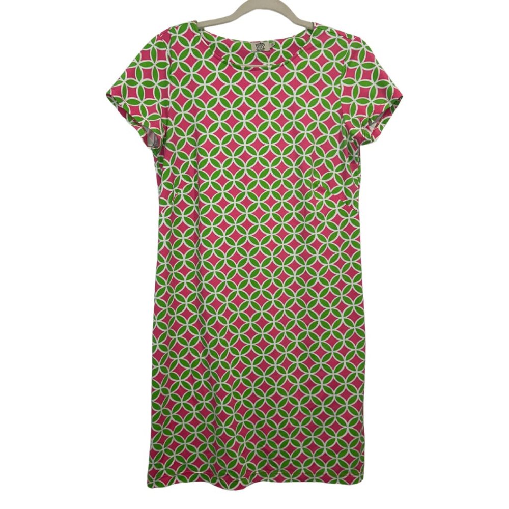 Katherine Way Key West Geometric Print Dress Pink Green Preppy Medium